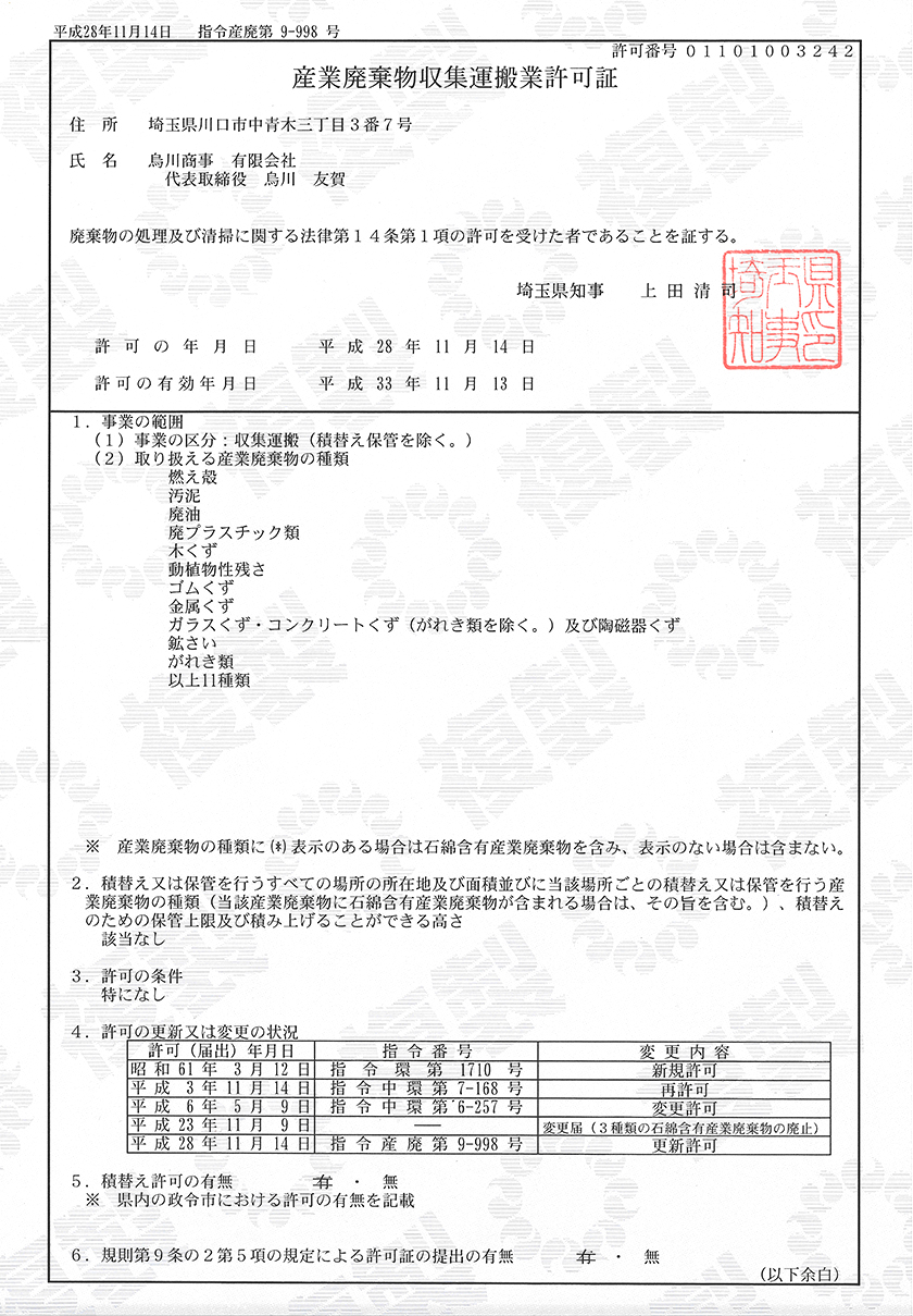 許認可一覧 烏川商事有限会社